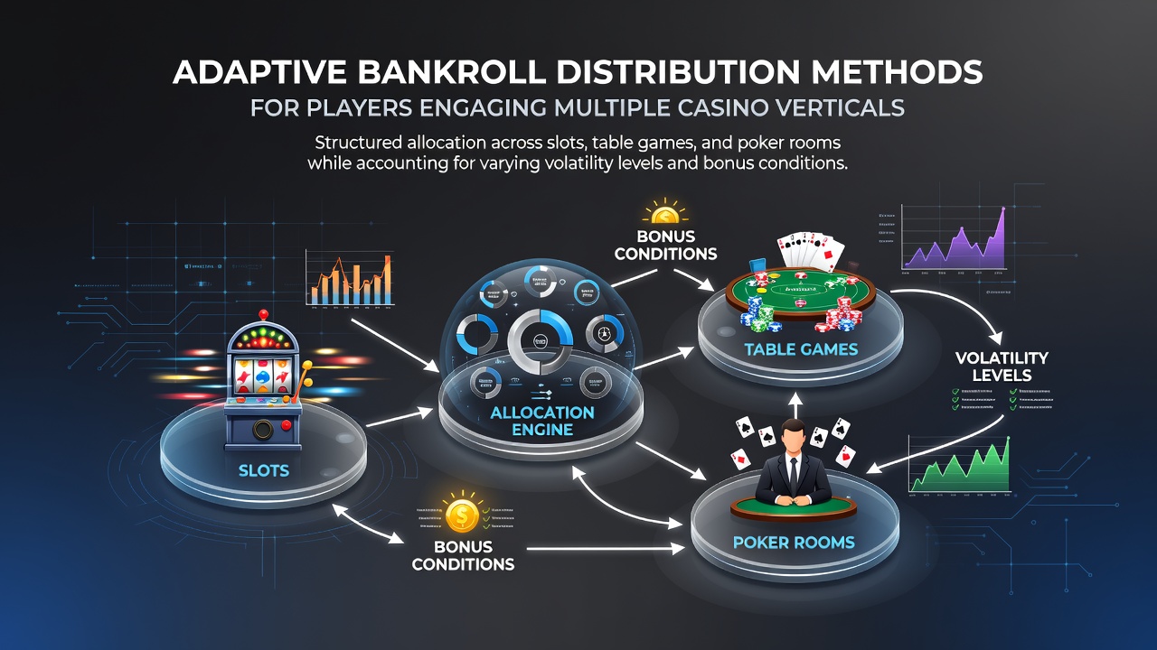 Diagram showing structured bankroll splits across casino game categories with volatility indicators