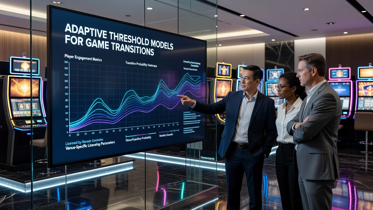 Diagram illustrating adaptive threshold models applied to game transition flows in a licensed casino environment