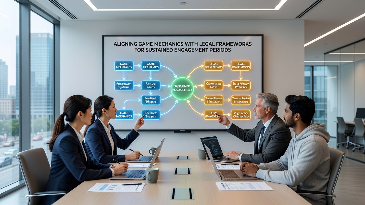 Regulatory compliance dashboard overlaid on game analytics showing engagement trends over time