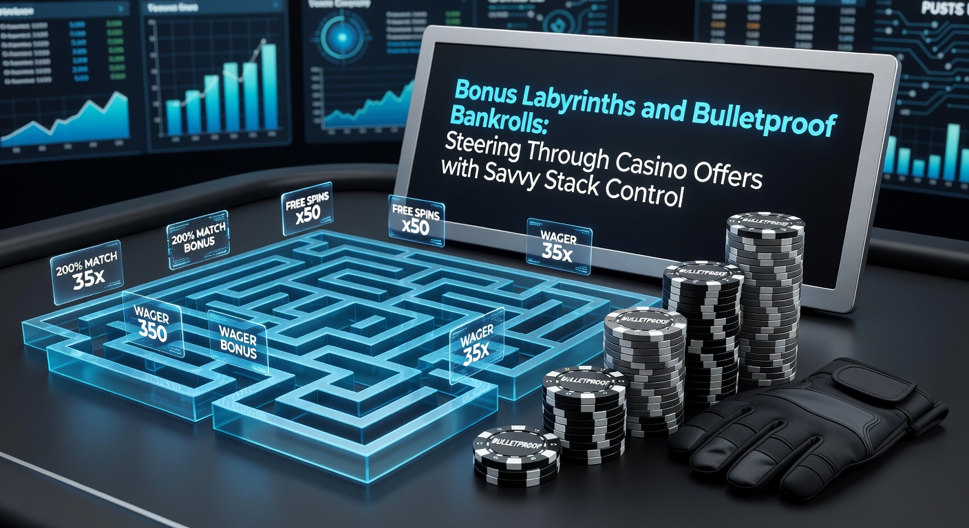 A intricate maze representing complex casino bonus structures, with paths leading to stacks of chips symbolizing bankrolls