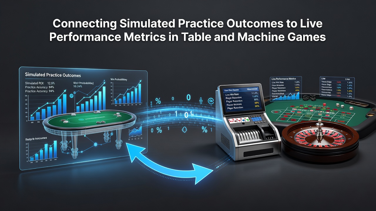 Casino table with cards, chips, and a slot machine interface showing practice mode transitioning to live play metrics