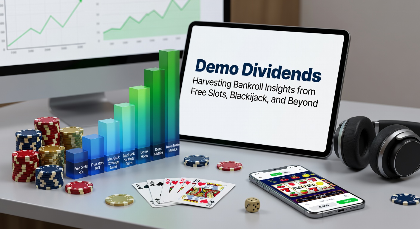 Casino player analyzing demo slot game on a laptop screen, highlighting volatility charts and bankroll trackers