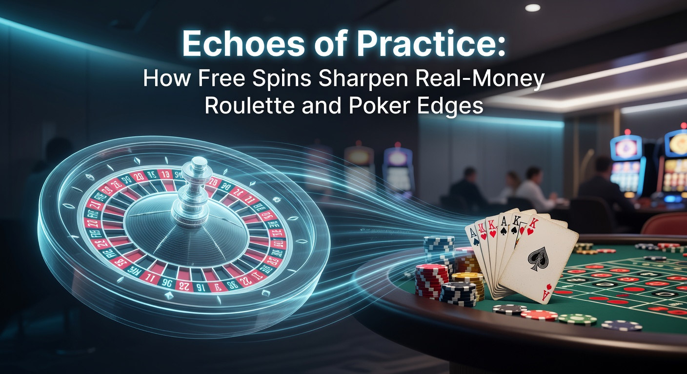 A digital roulette wheel spinning freely alongside poker chips in a demo interface, illustrating practice modes bridging to real stakes