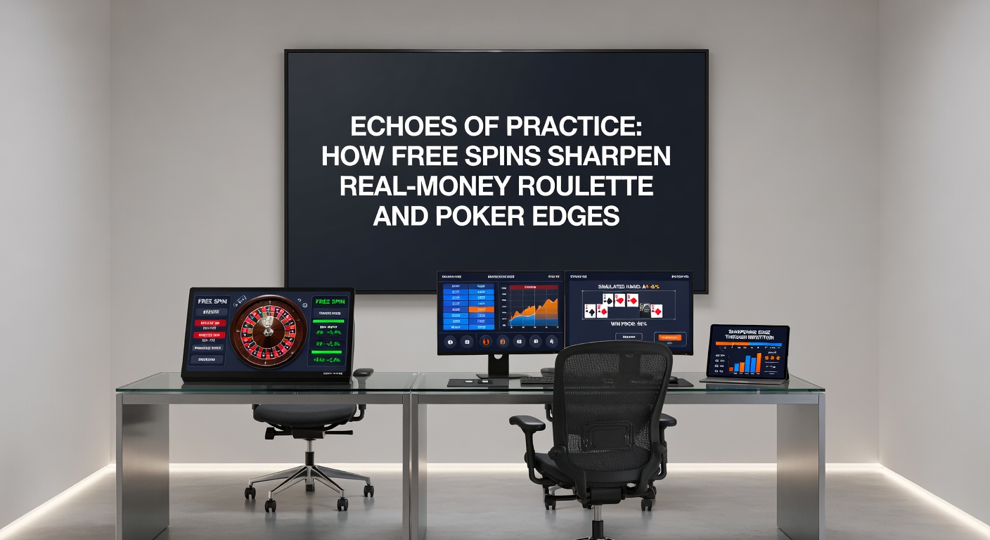 Poker players at a virtual free table analyzing hands, transitioning visually to a high-stakes real-money showdown
