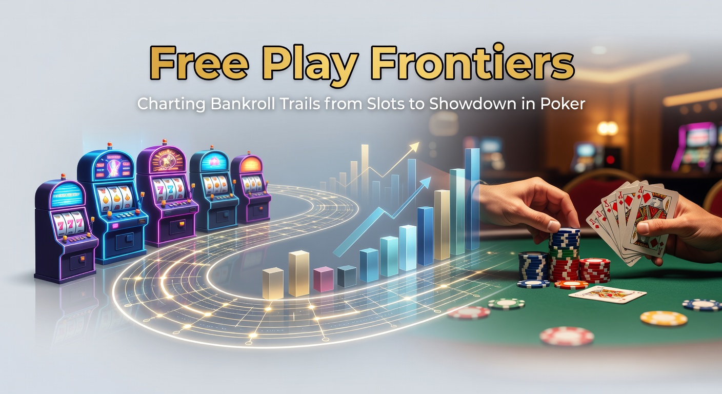 Vibrant slot machine reels spinning freely alongside a poker table with chips stacked high, illustrating the transition from casual free play to strategic showdowns