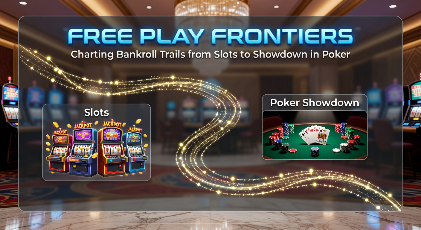A digital dashboard tracking bankroll graphs from erratic slot lines smoothing into poker equity curves, with free play icons bridging the divide