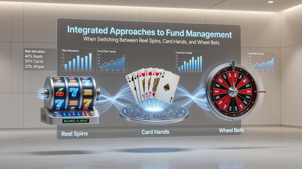 Illustration of a player adjusting chip stacks while moving between slot machines, poker tables, and roulette layouts