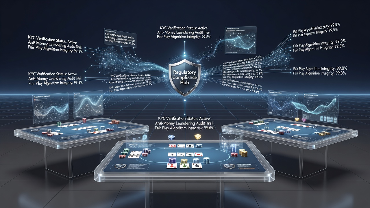 Digital practice interface showing multiple virtual gaming tables with compliance indicators overlaid