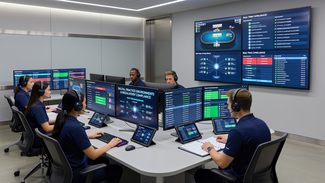 Multi-table gaming dashboard with regulatory compliance metrics and session logs displayed side by side