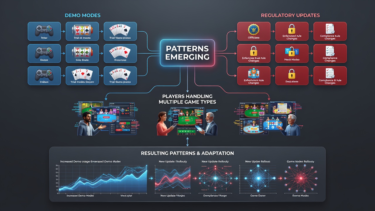 Digital dashboard showing demo mode analytics for various casino games under regulatory review
