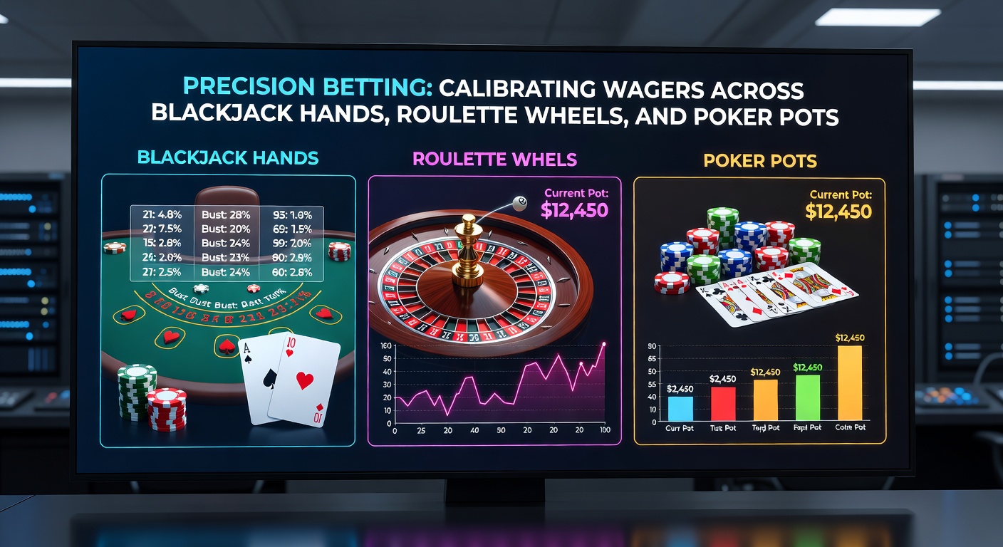 Roulette wheel spinning with chips stacked in varying sizes around the layout, capturing the tension of calibrated outside and inside bets