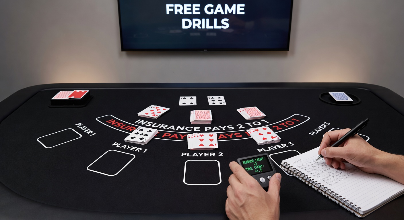 Close-up of a blackjack table mid-hand, cards fanned out and chips stacked, capturing the intensity of card counting practice sessions