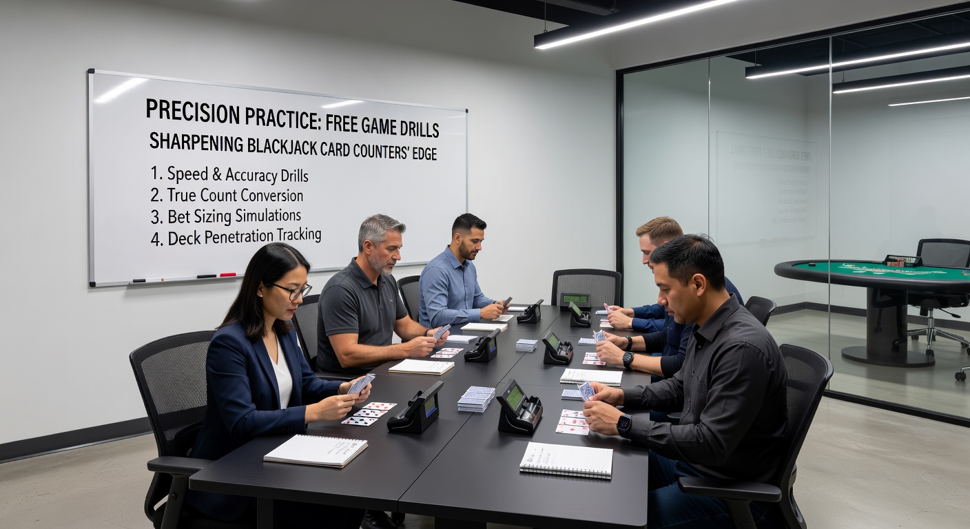 Digital screen displaying a free blackjack simulator with running count overlay, chips virtually stacked for high-count bets during practice