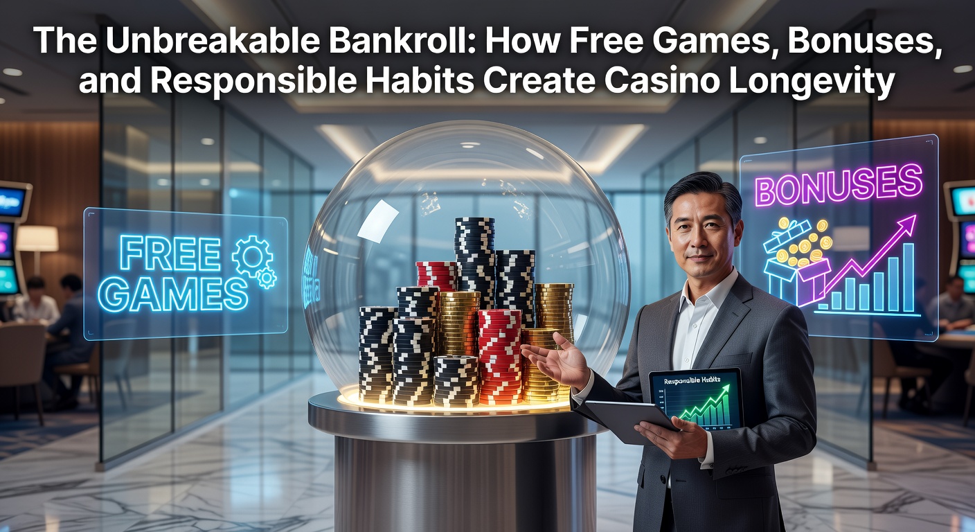 A digital illustration of a fortified vault overflowing with casino chips, symbolizing a secure and growing bankroll amid spinning slot reels and card tables