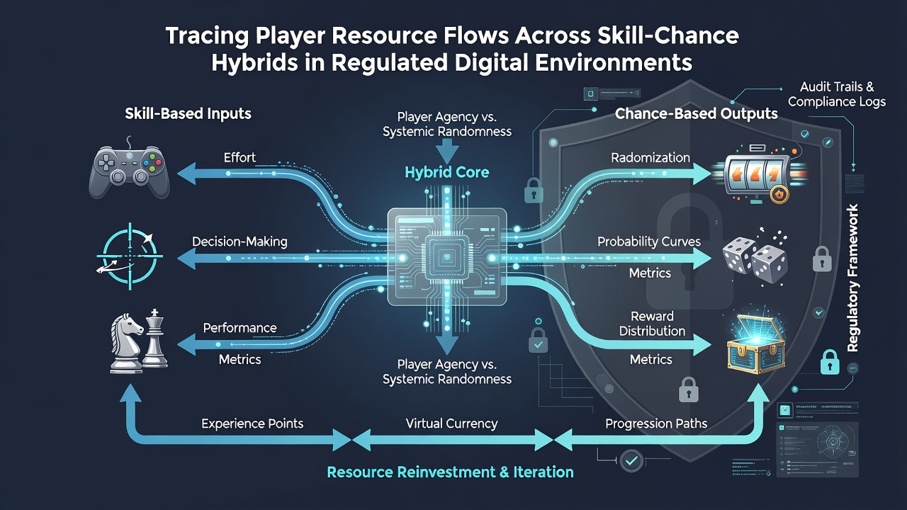 Illustration of regulatory dashboards tracking player resources in skill-chance hybrid environments
