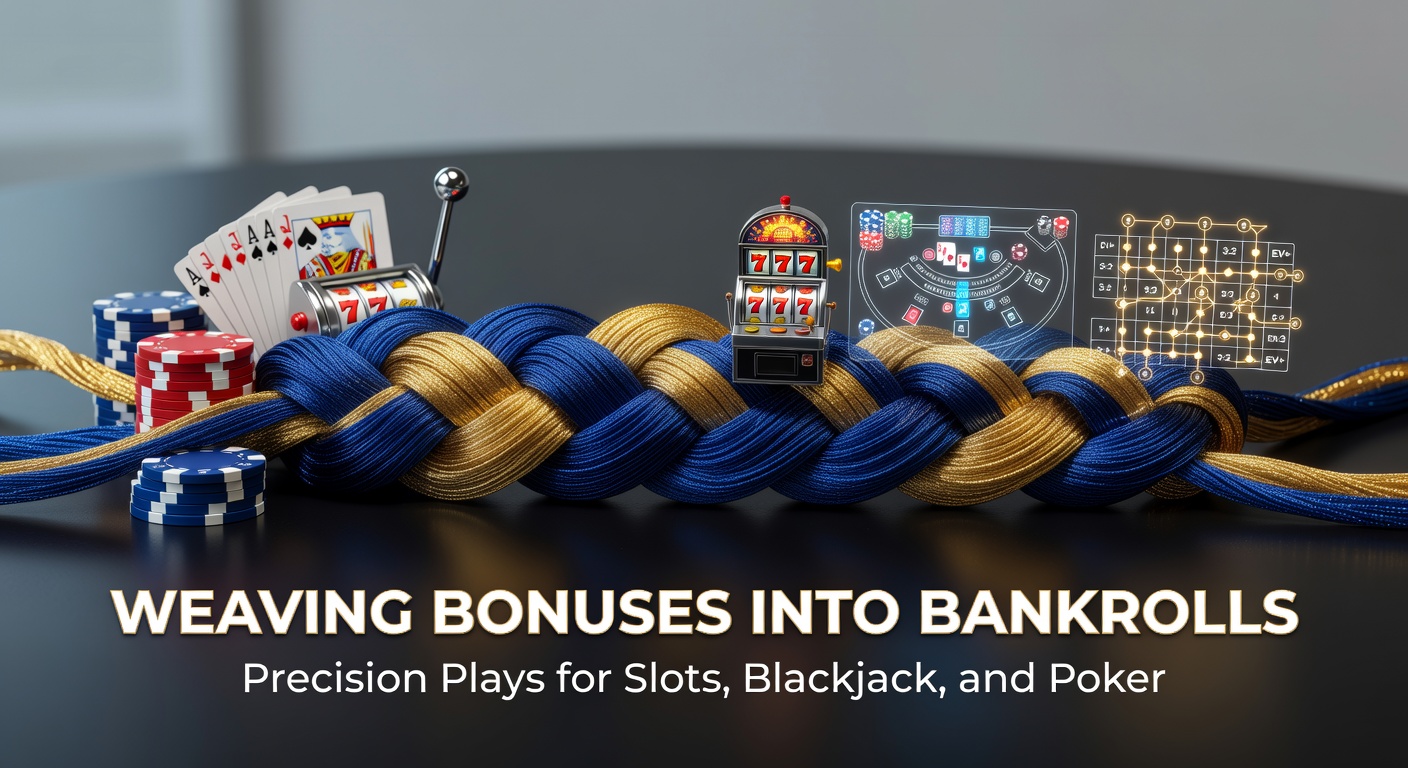Casino player analyzing slot machine bonus features alongside blackjack cards and poker chips on a gaming table, illustrating integrated bankroll tactics
