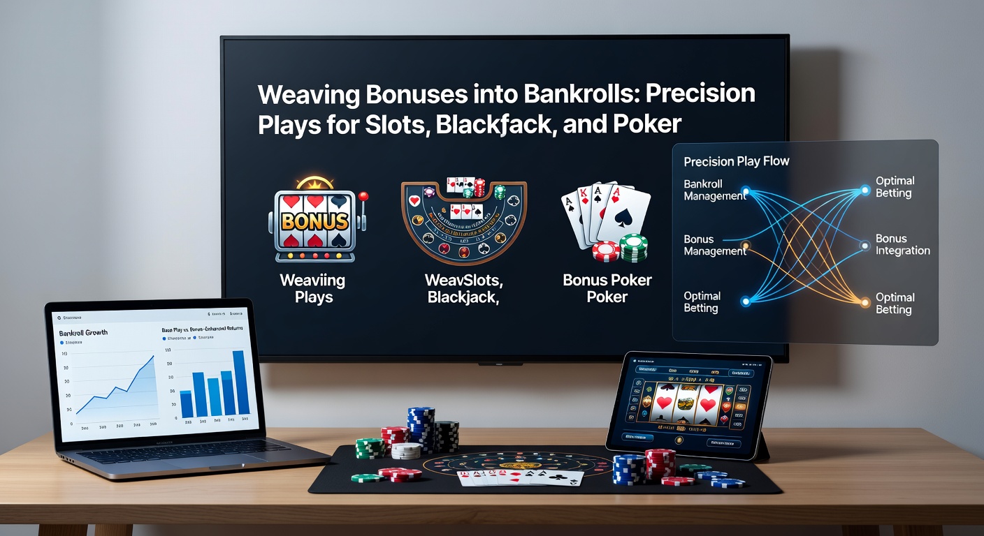 Close-up of blackjack hand with bonus wager chips beside a poker tournament setup and slot reels, demonstrating cross-game bonus application