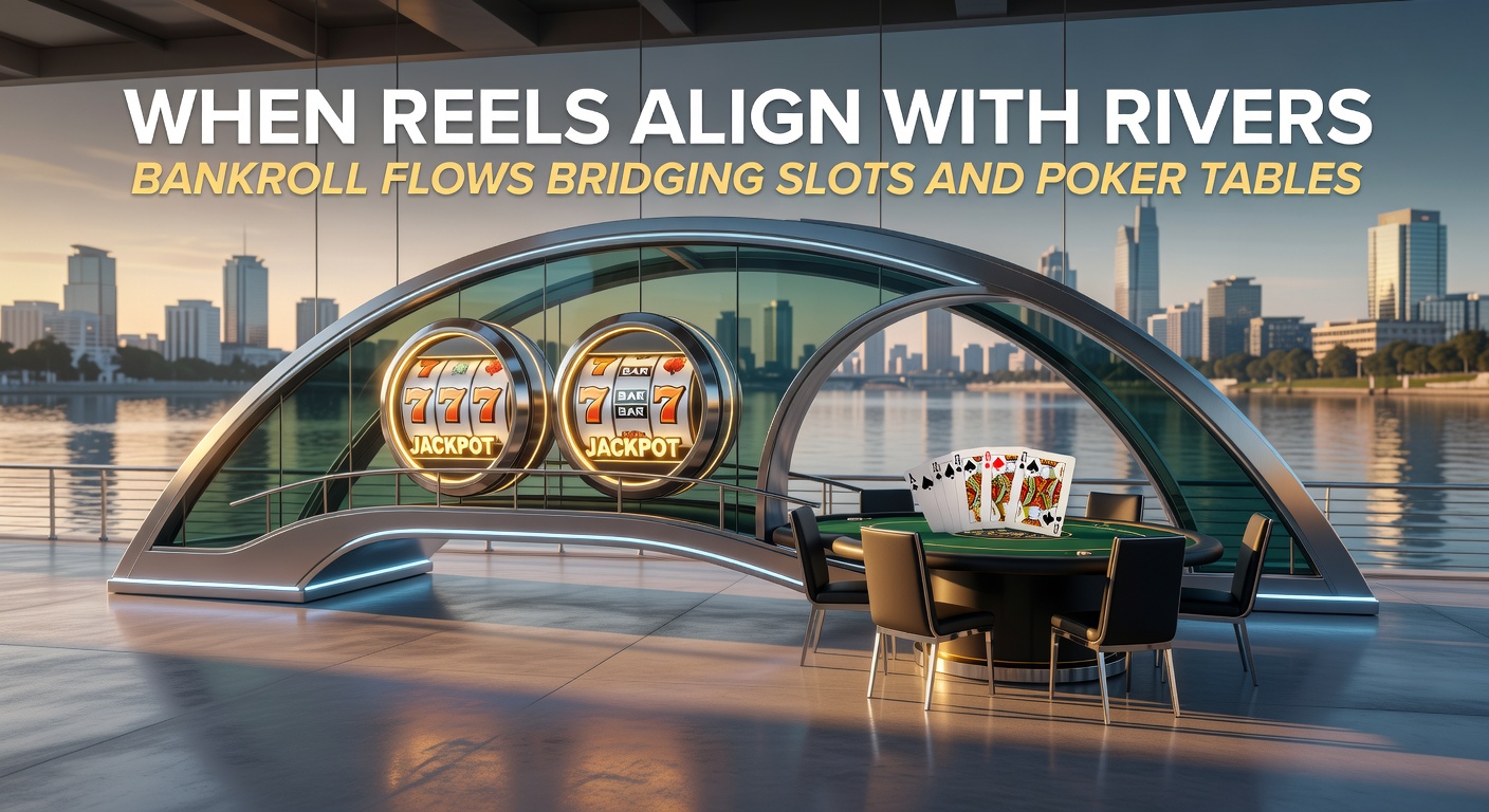 A vibrant casino scene showing slot machines next to poker tables, with chips and cards flowing between them, symbolizing bankroll strategies in action