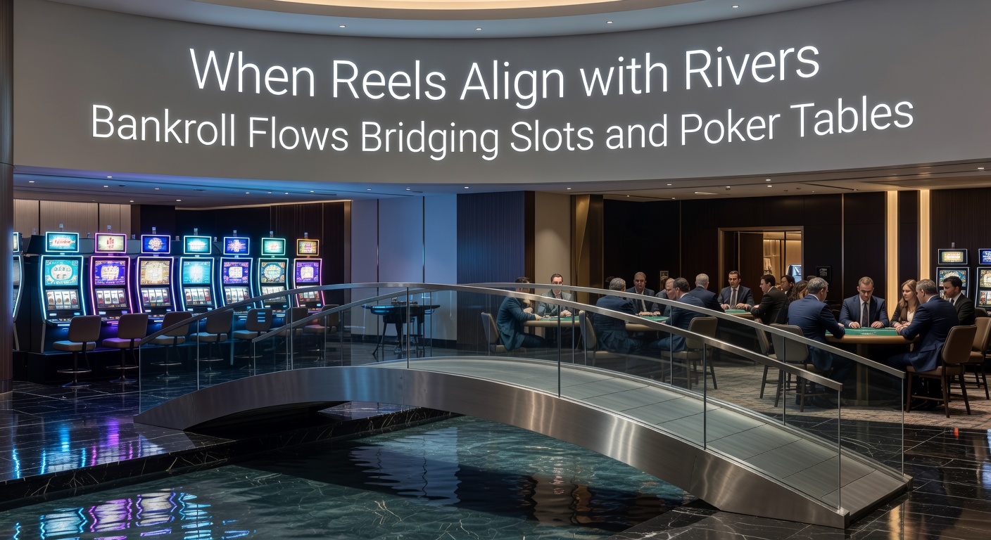 Close-up of poker chips stacked beside a slot machine payout screen, illustrating the seamless transfer of bankroll strategies between chance-based slots and skill-driven poker